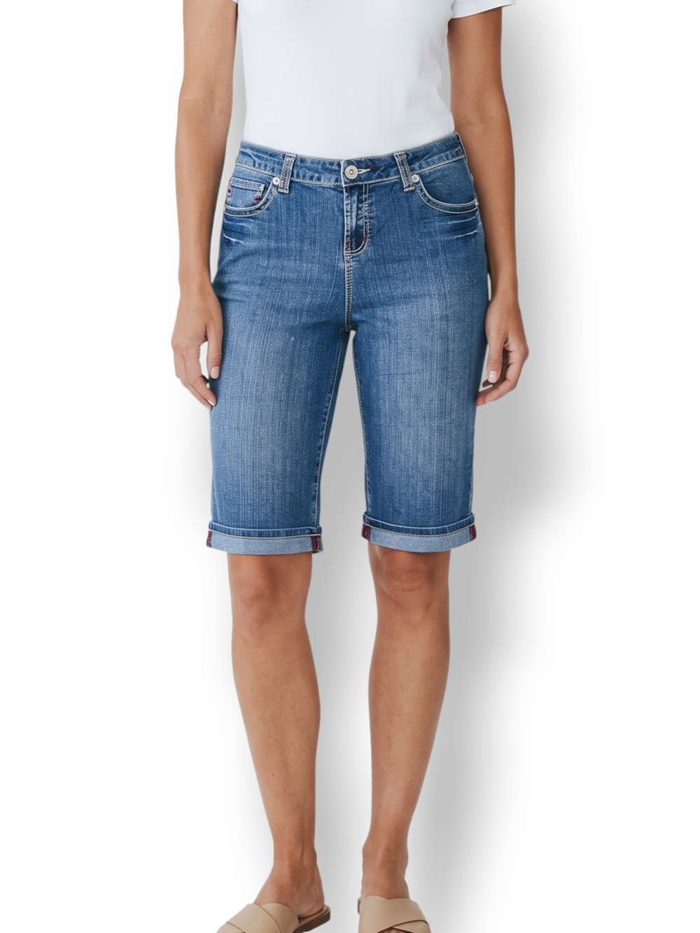 4/$20 Baccini Petite 12P Medium Wash Cuffed Denim Capri Jeans Contrast Stitch